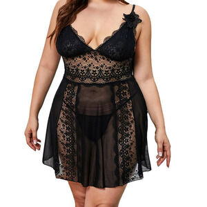 Womens Black Sheer Babydoll Chemise Lingerie Slip Lace Bust and GString Panty 2X